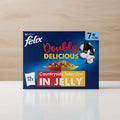 Felix cat food packaging for 7+ year olds with a cat illustration on a blue background