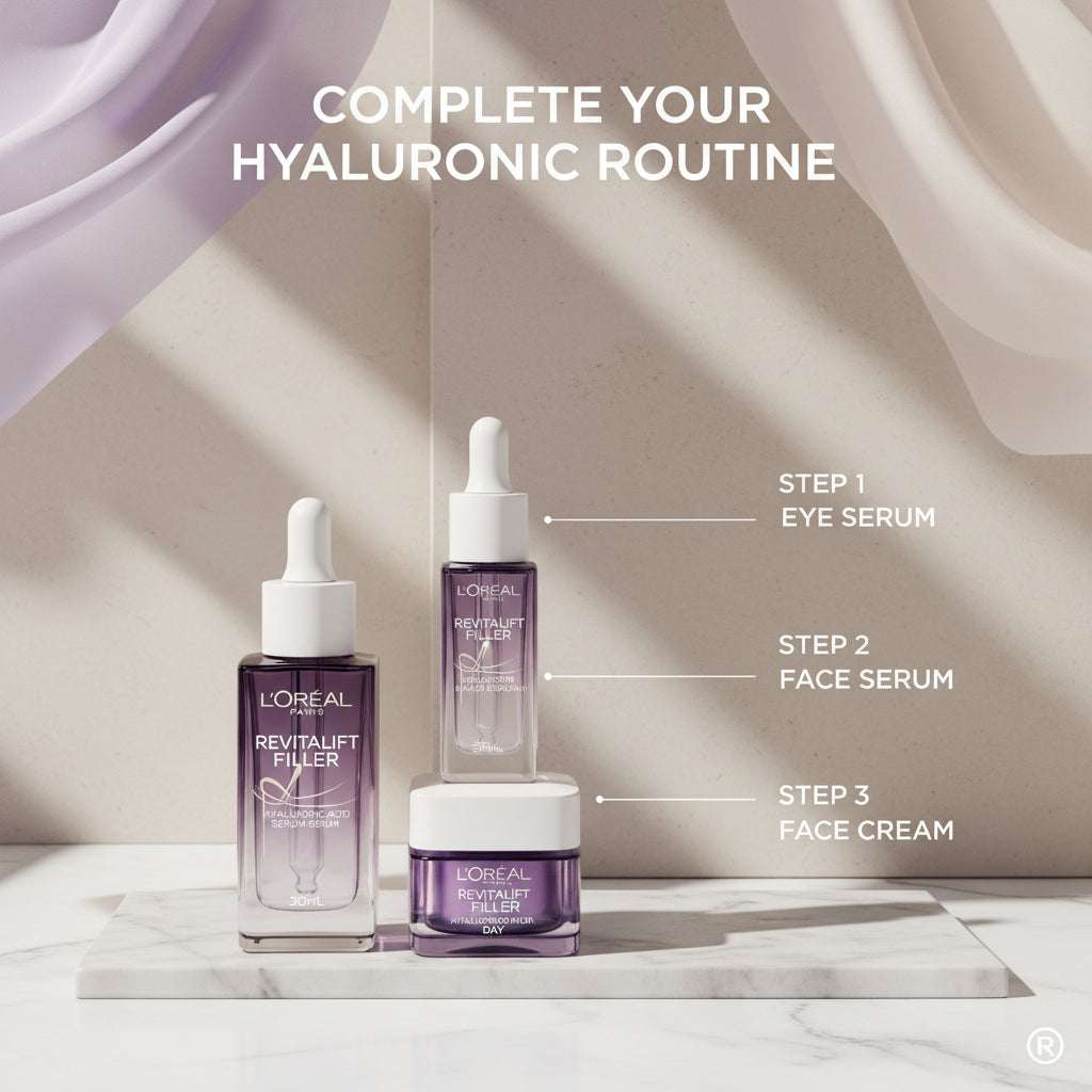 L'Oreal Revitalift skincare products on a purple background with step-by-step instructions.
