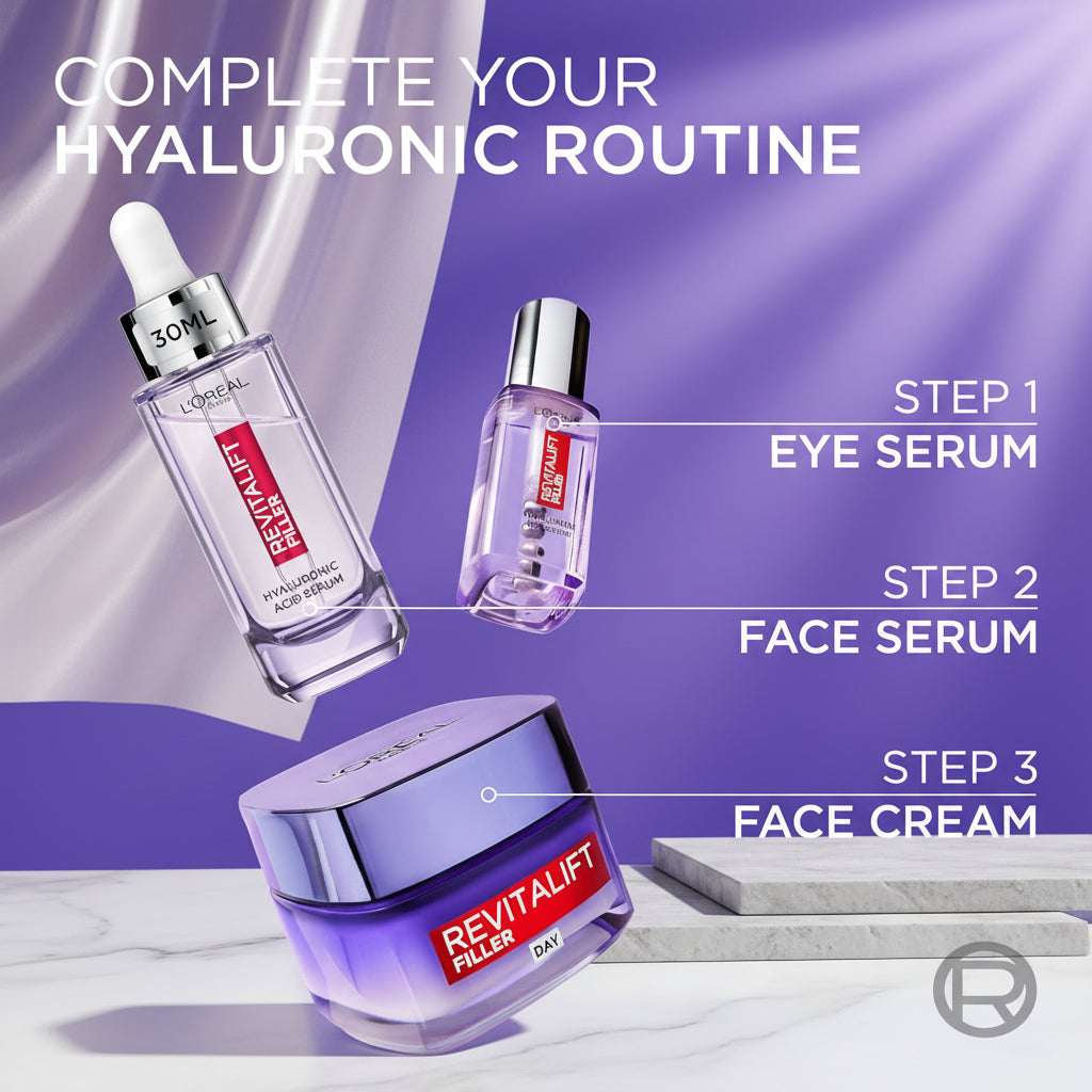L'Oreal Revitalift skincare products on a purple background with step-by-step instructions.