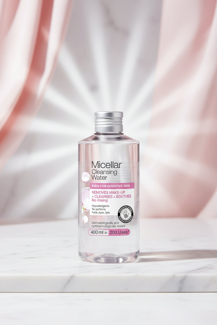Micellar Cleansing Water can with branding and product details on a white background