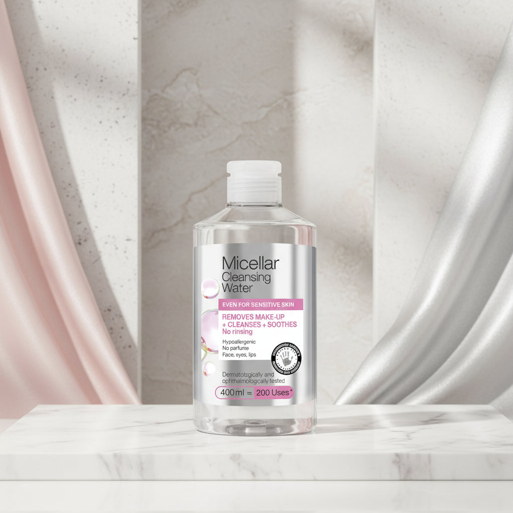 Micellar Cleansing Water can with branding and product details on a white background