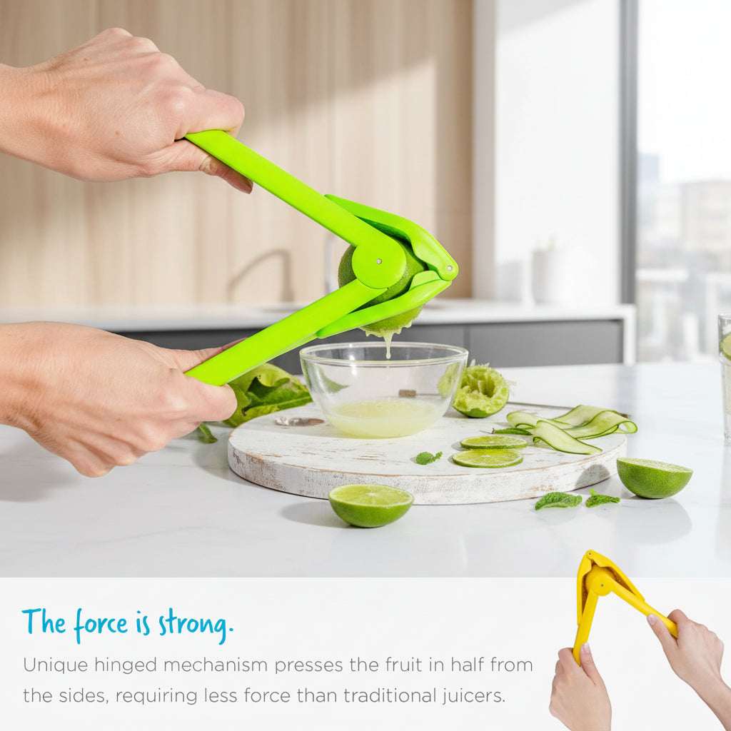 Person using a green citrus squeezer on a white plate with sliced limes and cucumbers.