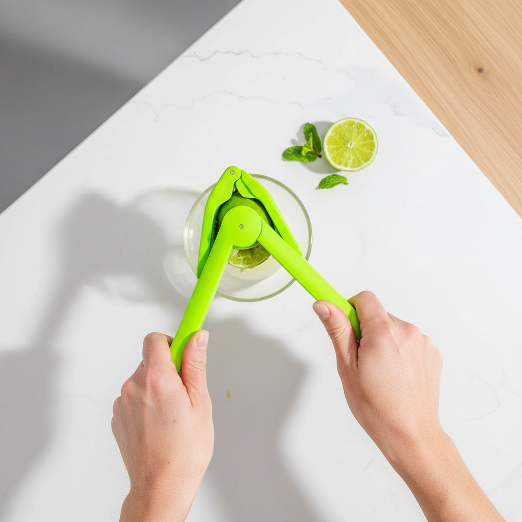 Person using a green citrus press on a white plate with sliced limes and cucumbers.