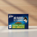 Felix cat food packaging with a cat illustration and text about vegetable selection in jelly.