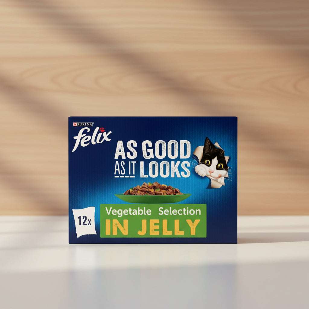 Felix cat food packaging with a cat illustration and text about vegetable selection in jelly.