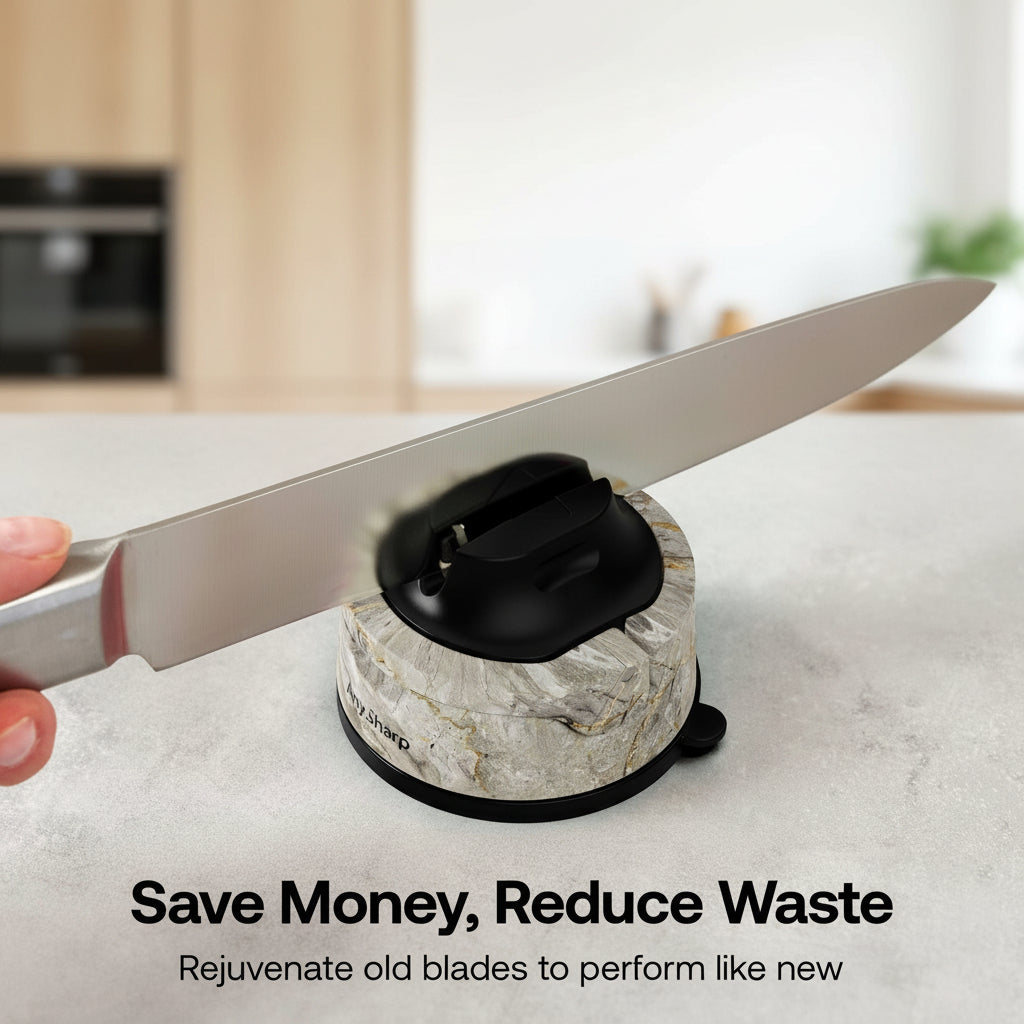 Knife being sharpened on a marble sharpener with vegetables in the background