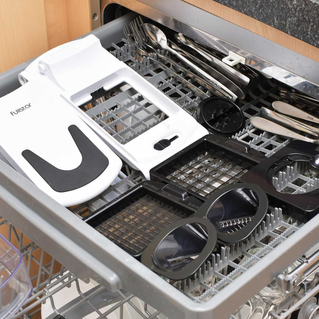 Dishwasher safe cutlery set with 'Just Load & Go' feature on a dishwasher rack.
