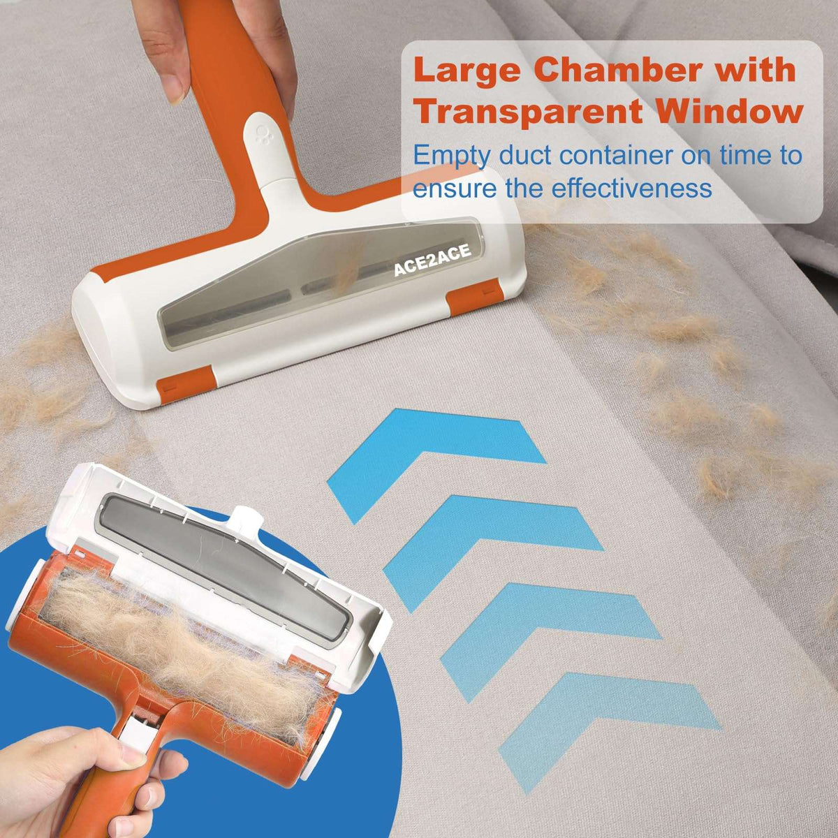 Pet hair removal roller with transparent window and cleaning effectiveness shown on a surface.