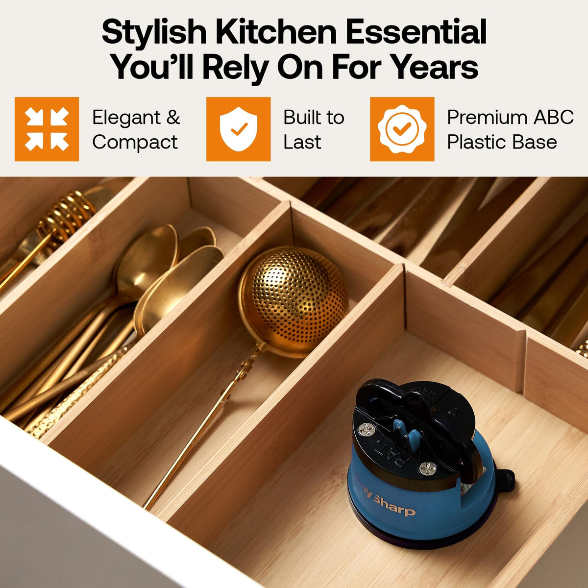 Blue kitchen tool in a wooden drawer with gold utensils, text about product features.