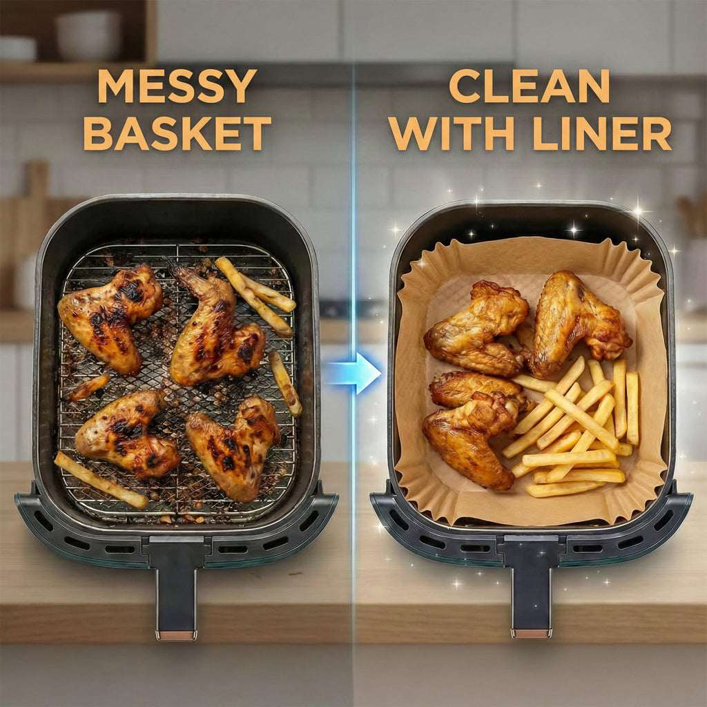 Comparison of a grill basket with food before and after using a liner.