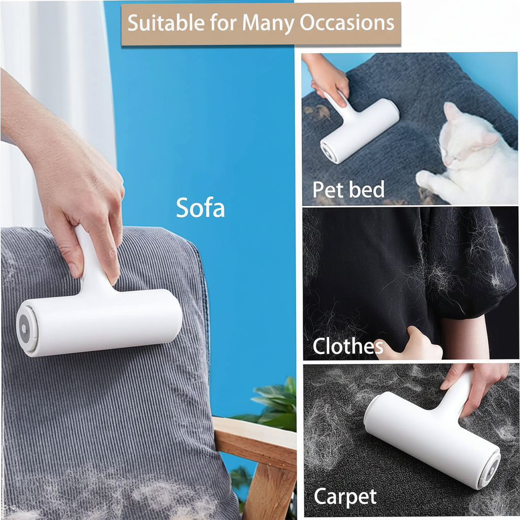 White cleaning tool being used on various surfaces with text indicating suitability for different occasions.