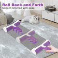 Pet hair removal tool on a carpet with a cat in the background