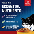 Cat food packaging with a cartoon cat and text highlighting nutritional benefits on a blue background.