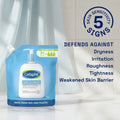 Cetaphil Gentle Skin Cleanser packaging with text about skin care benefits on a tiled wall background.