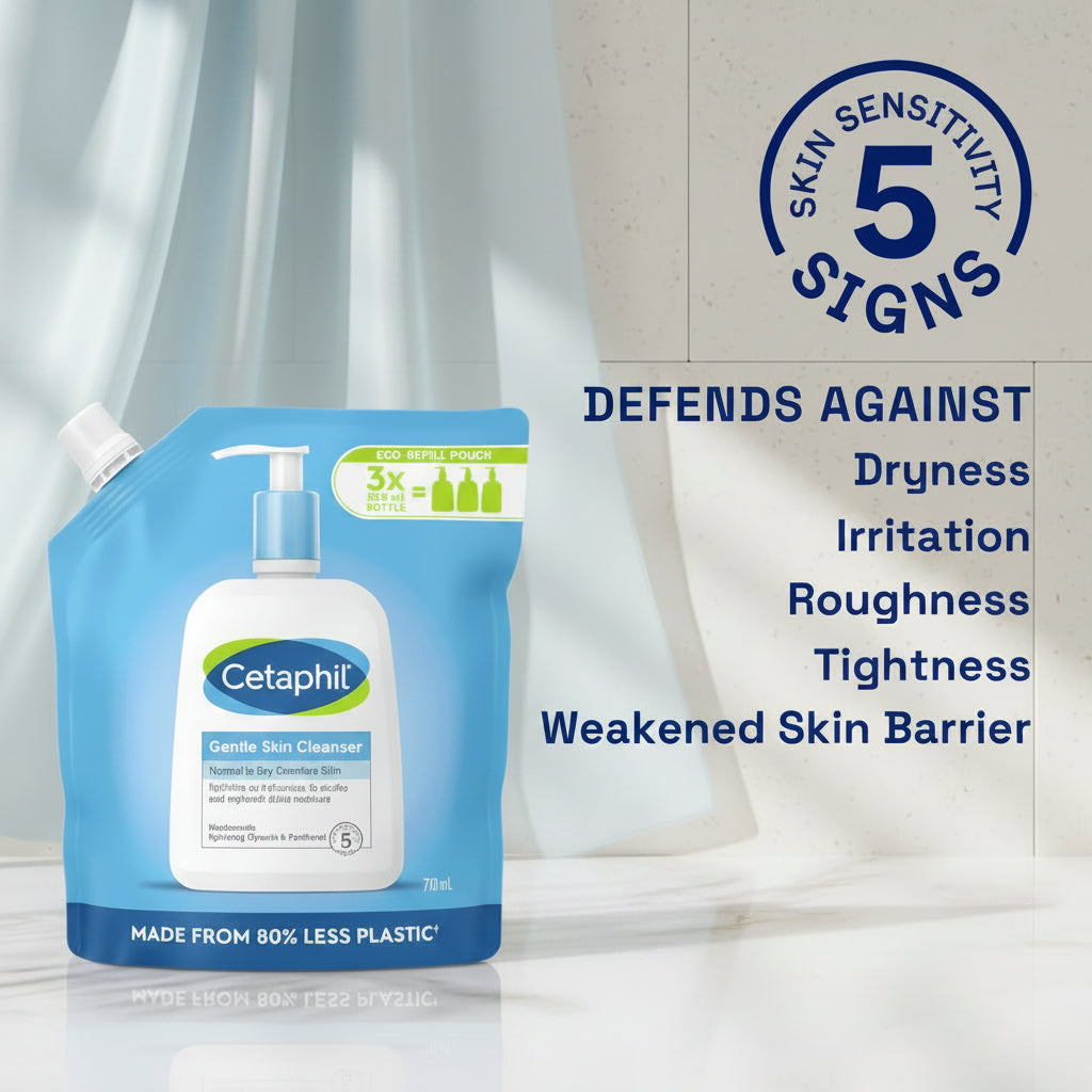 Cetaphil Gentle Skin Cleanser packaging with text about skin care benefits on a tiled wall background.