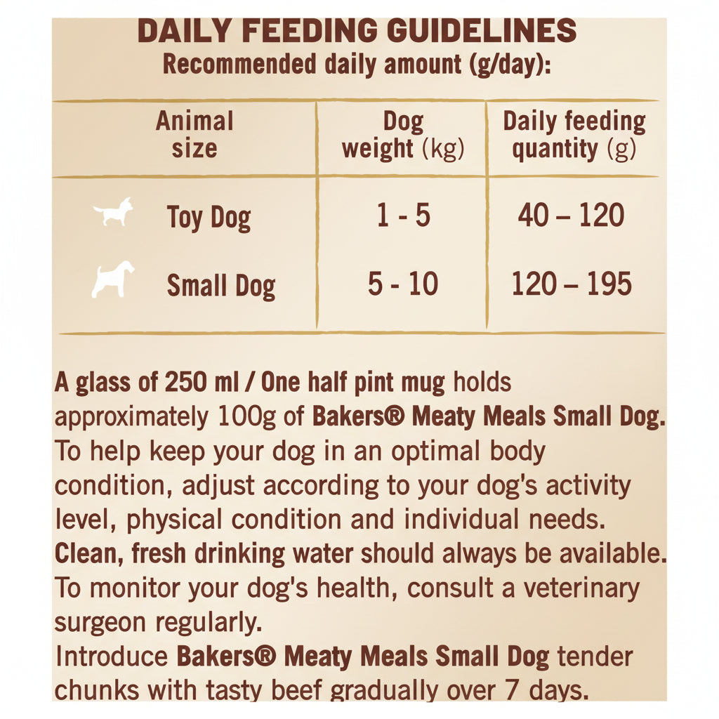 A brown informational graphic titled 'DAILY FEEDING GUIDELINES' with a table showing recommended daily amounts for Toy Dogs and Small Dogs, plus feeding quantity in grams and care instructions for Bakers™ Meaty Meals Small Dog.