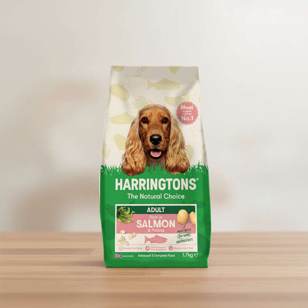 Harringtons dog food package with a dog on the front on a white background