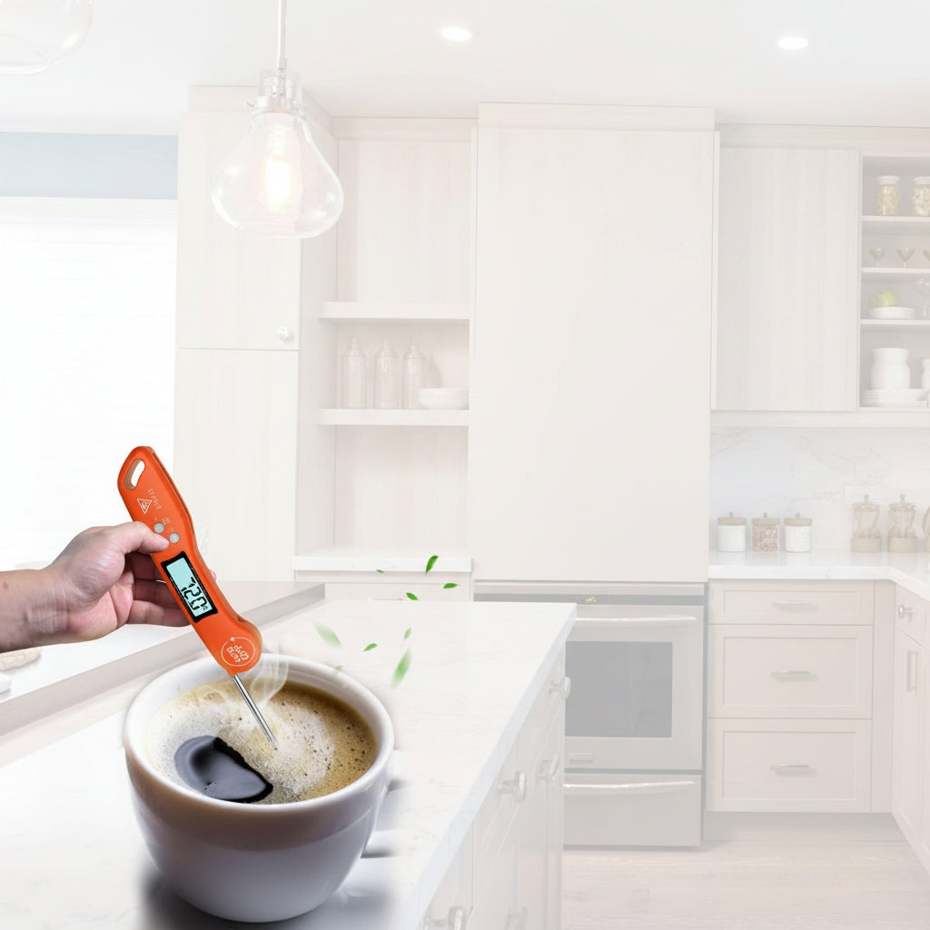 Digital thermometer being used to measure food with images of various food items and a list of measurements it can take.