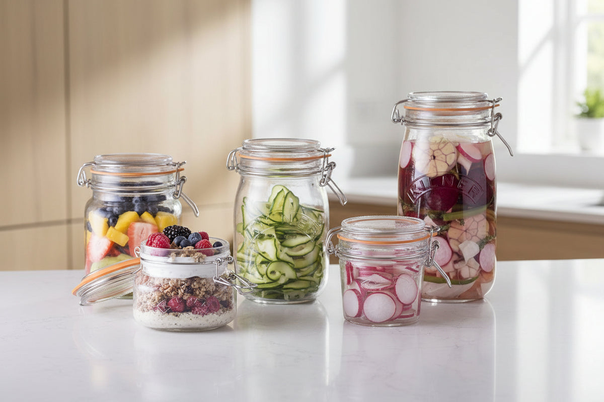 Collection of glass jars with various preserved foods on a dark surface