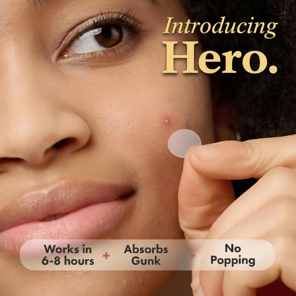 Person applying a patch to their face with text about product features.
