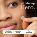 Person applying a patch to their face with text about product features.