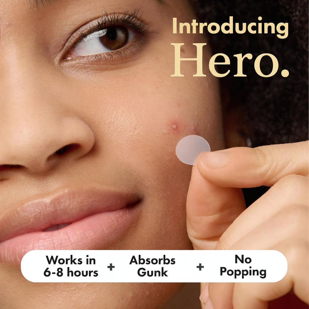 Person applying a patch to their face with text about product features.