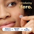 Person applying a patch to their face with text about product features.
