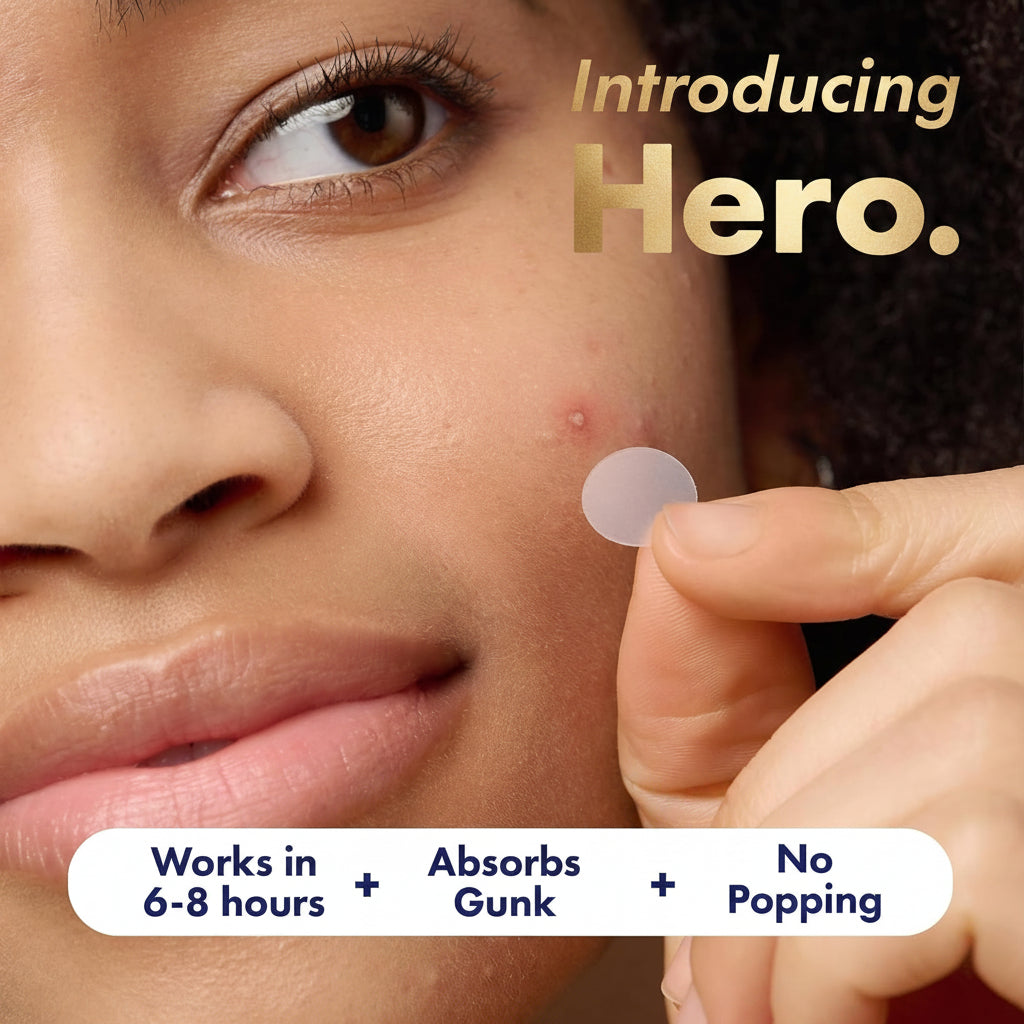 Person applying a patch to their face with text about product features.