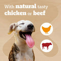 A smiling dog with its tongue out on a blue background, with the text 'With natural tasty chicken or beef' and circular icons showing chicken and beef.