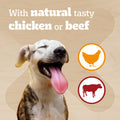 A smiling dog with its tongue out on a blue background, with the text 'With natural tasty chicken or beef' and circular icons showing chicken and beef.