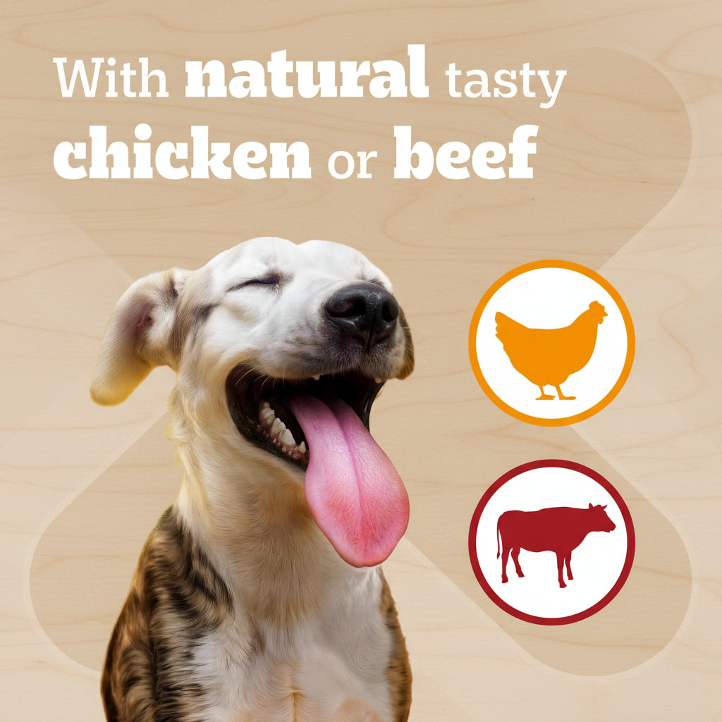 A smiling dog with its tongue out on a blue background, with the text 'With natural tasty chicken or beef' and circular icons showing chicken and beef.