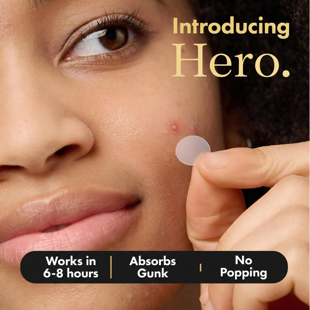 Person applying a patch to their face with text about product features.
