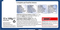 A blue and white informational chart titled 'Complete pet food for kittens' showing four color-coded panels for beef, chicken, tuna, and salmon compositions, along with text about 12 x 100g pouches and a Purina logo at the bottom right.