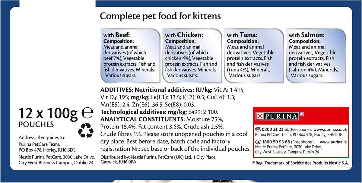 A blue and white informational chart titled 'Complete pet food for kittens' showing four color-coded panels for beef, chicken, tuna, and salmon compositions, along with text about 12 x 100g pouches and a Purina logo at the bottom right.