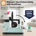 AnySharp knife sharpening machine with a mint green and black design, featuring a daisy pattern on the side. The graphic includes promotional text highlighting the PowerGrip suction base, 60g weight, 200x down force increase, and up to 12,000g holding power, set against a textured light gray background.
