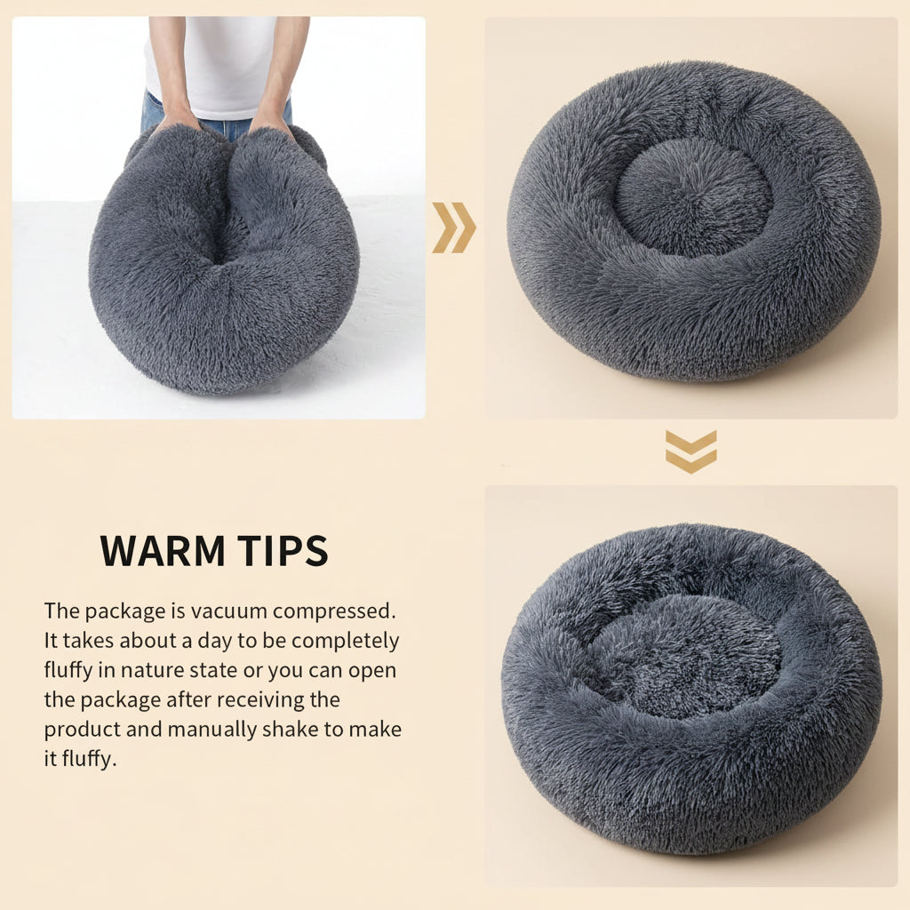 Gray pet bed shown in different views with text about vacuum compression and fluffiness.