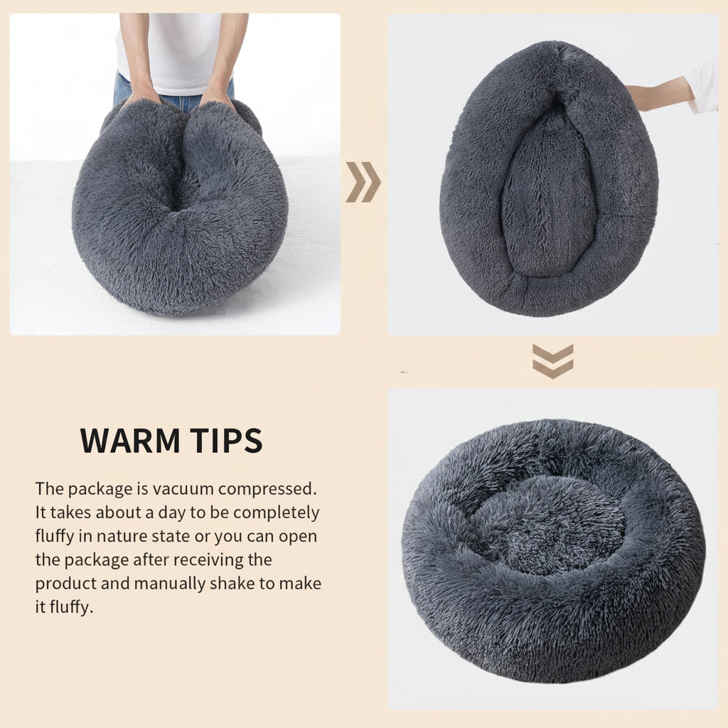 Gray pet bed shown in different views with text about vacuum compression and fluffiness.