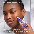 Woman applying a skincare product to her face with text about proven visible results.