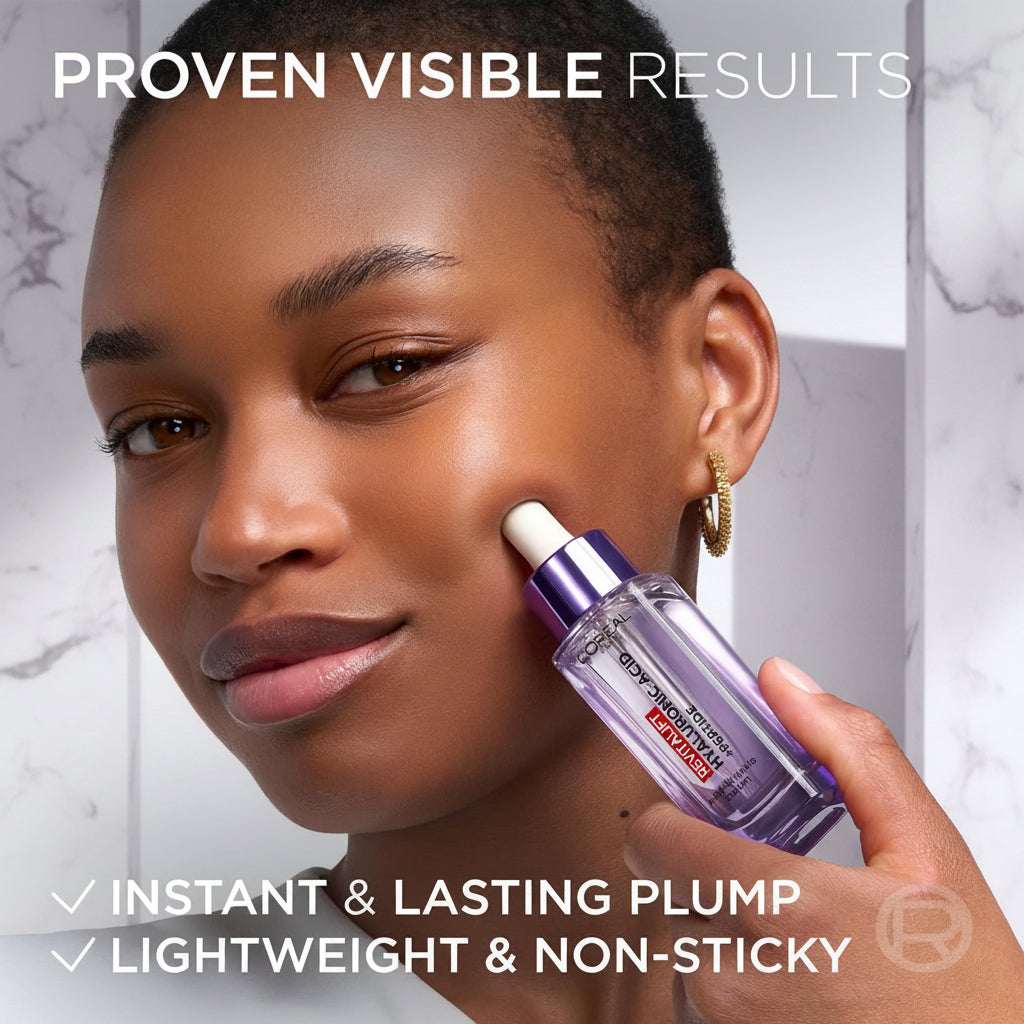 Woman applying a skincare product to her face with text about proven visible results.