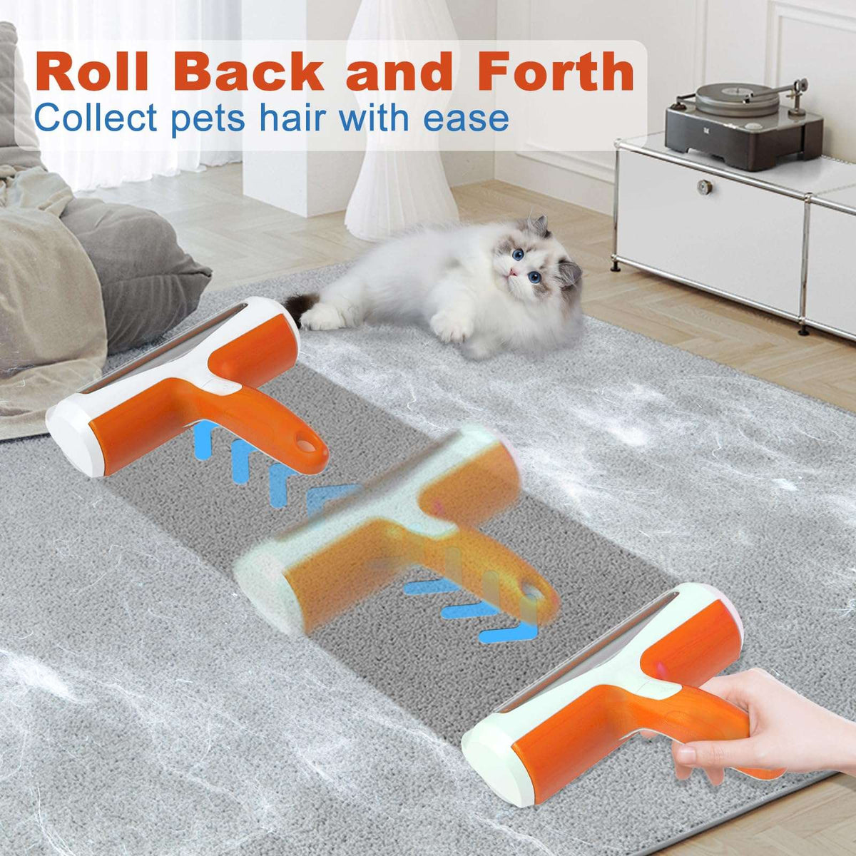 Pet hair removal roller on a carpet with a cat in the background