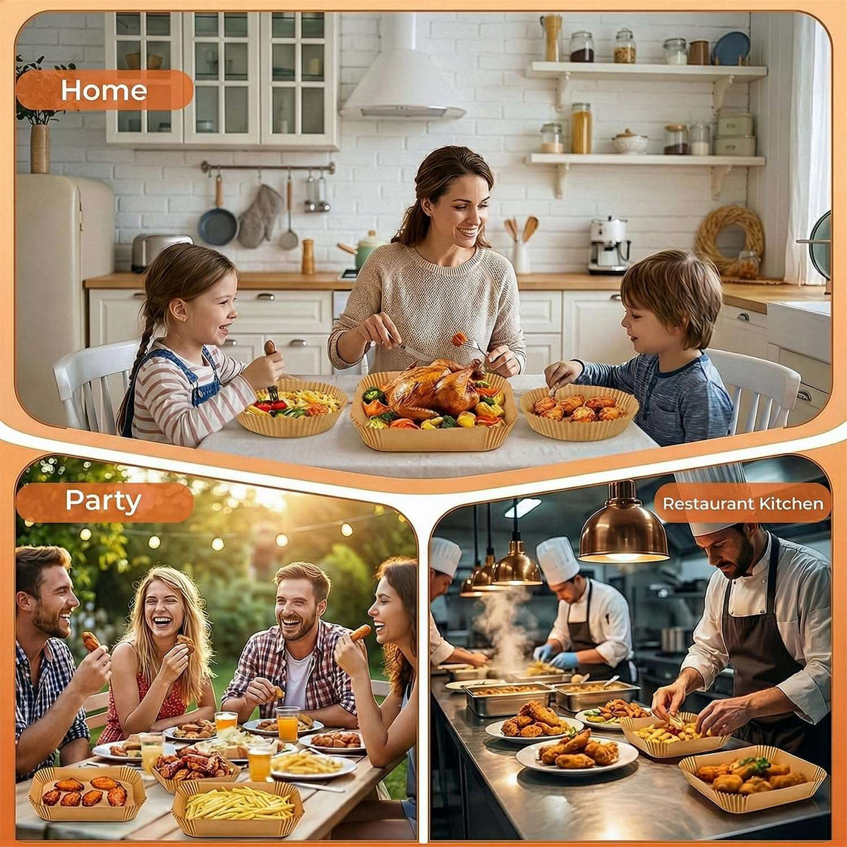 Collage of a family in a kitchen, people at a party, and chefs in a restaurant kitchen with food.