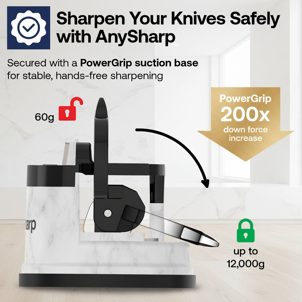 An infographic-style product graphic for the AnySharp knife sharpening device. The image shows the white and black sharpening machine with a knife partially inserted, plus marketing text and icons explaining suction grip strength: 60g, PowerGrip 200x down force increase, and up to 12,000g.