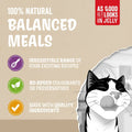 Cat food packaging with text about natural balanced meals and a cartoon cat.