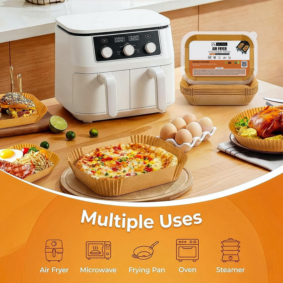 White air fryer on a kitchen counter with various food items and packaging, labeled 'Multiple Uses'.