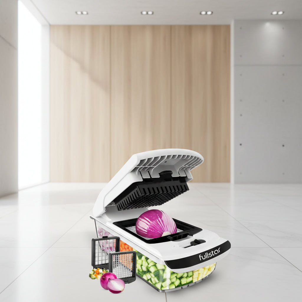 Multifunctional vegetable chopper with various attachments and chopped vegetables displayed.