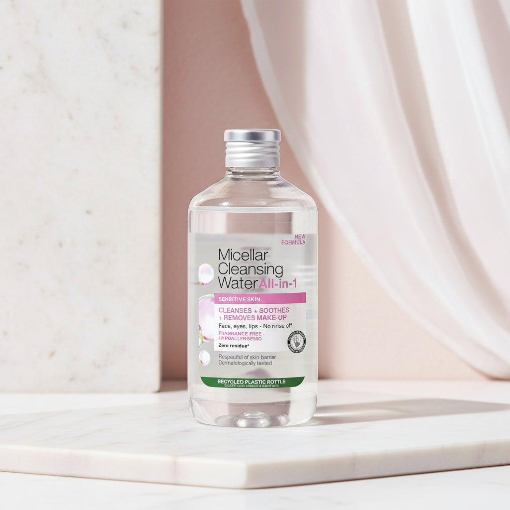 Front-facing package of Micellar Cleansing Water All-in-1 for sensitive skin, shown on a plain white background. The label is mostly white with pink and black text, plus small translucent bubble graphics and a green banner at the bottom reading recycled plastic bottle.