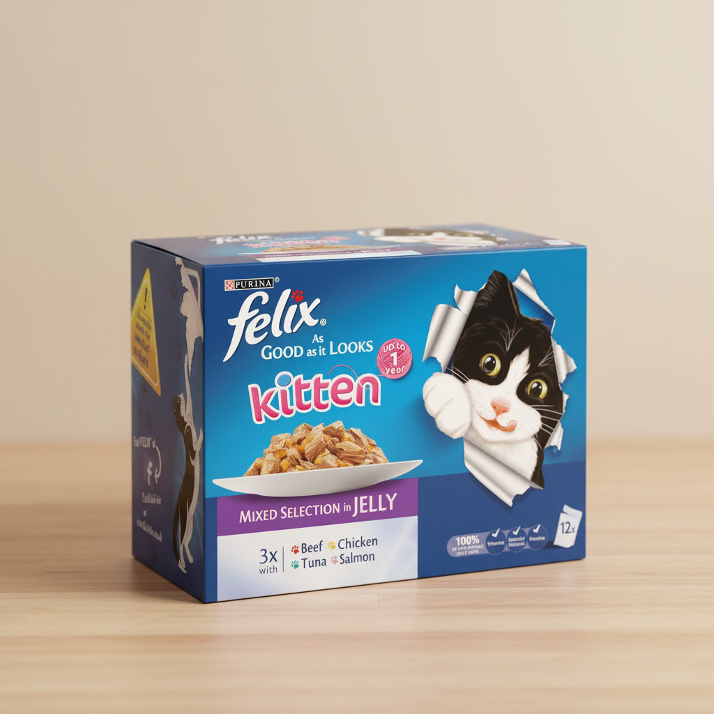 A box of Purina Felix Kitten Mixed Selection in Jelly cat food, featuring a blue packaging design with a cartoon tuxedo cat peeking through a torn paper effect.
