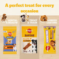 Promotional graphic for Pedigree dog treats showing three product packages side by side on blue, yellow, and red panels, with the headline 'A perfect treat for every occasion.' The packages are Dentastix with Natural Chicken, Ranchos Fillets, and Jumbone, each with dog imagery and feature callouts.