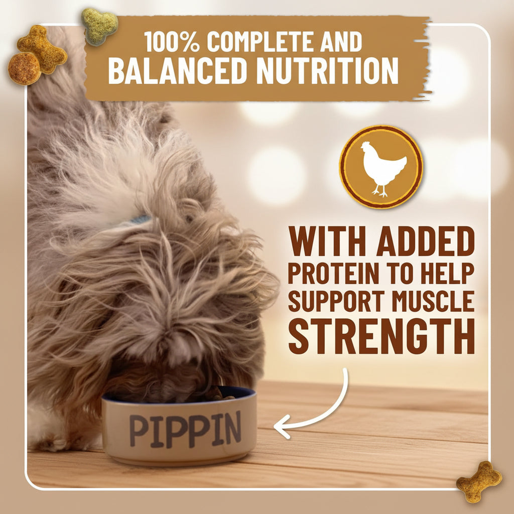 Dog eating from a bowl labeled 'Pippin' with text about complete nutrition and protein added for muscle strength.