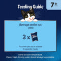 Feeding guide for average senior cats with a Felix cat food package on a blue background